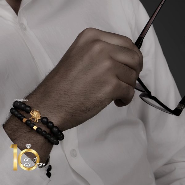 دستبند سنگ مردانه با پلاک طلا طرح شیر و خورشید کد MB101