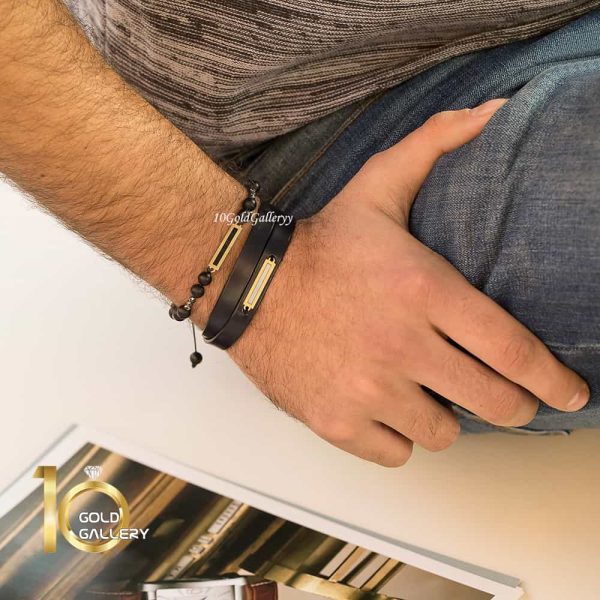 دستبند چرم مردانه با پاک طلا میناکاری کد MB127
