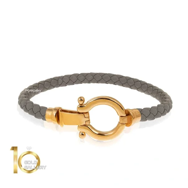 دستبند-چرم-مردانه-طوسی-با-پلاک-طلا-طرح-امگا