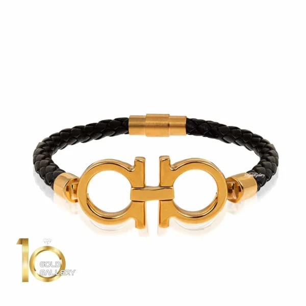 دستبند-چرم-مردانه-با-پلاک-طلا-طرح-فراگامو