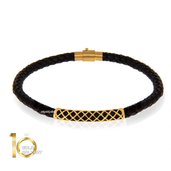 دستبند-چرم-مردانه-با-پلا-طلا