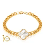 دستبند-طلا-طرح-زنجیر-کارتیه-با-گل-ونکلیف-صدفی