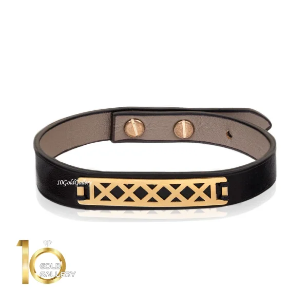 دستبند-چرم-مردانه-با-پلاک-طلا-بدون-مدل