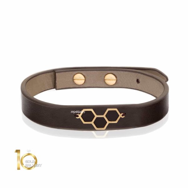 دستبند چرم مردانه با پلاک طلا کد MB162