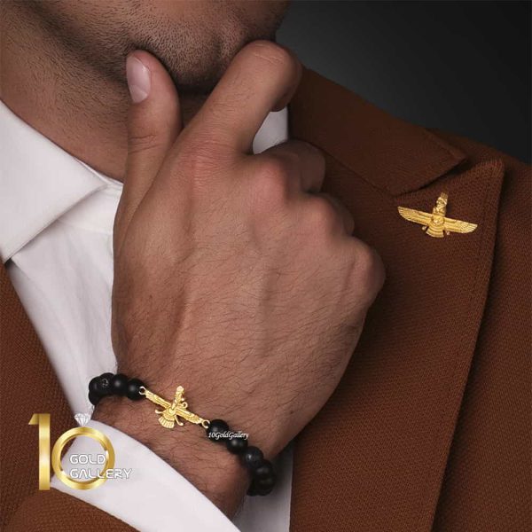 دستبند سنگ مردانه با پلاک طلا طرح فروهر کد MB102