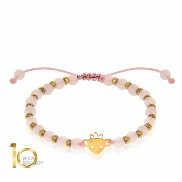 دستبند سنگ کودک با پلاک طلا طرح توت فرنگی