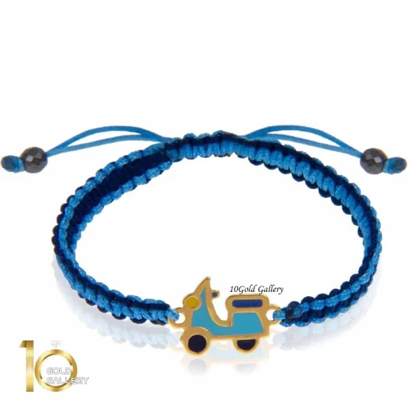 دستبند بافت کودک با پلاک طلا طرح موتورسیکلت