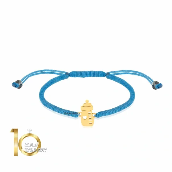 دستبند بافت کودک با پلاک طلا طرح شیشه شیر