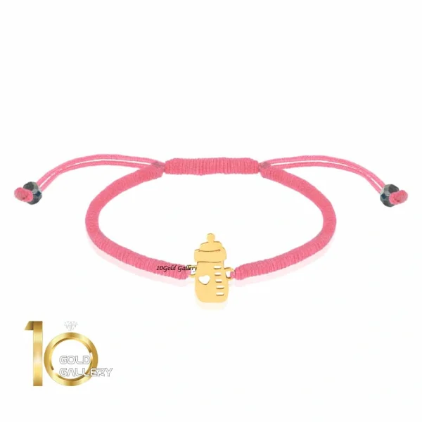 دستبند بافت کودک با پلاک طلا طرح شیشه شیر