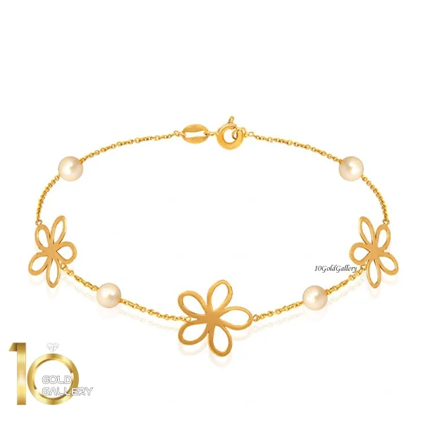 دستبند-طلا-زنانه-طرح-گل-با-مروارید