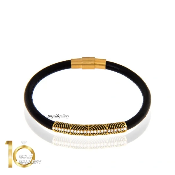 دستبند چرم زنانه با پلاک طلا طرح لوله ای