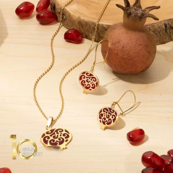 نیم ست طلا طرح انار میناکاری