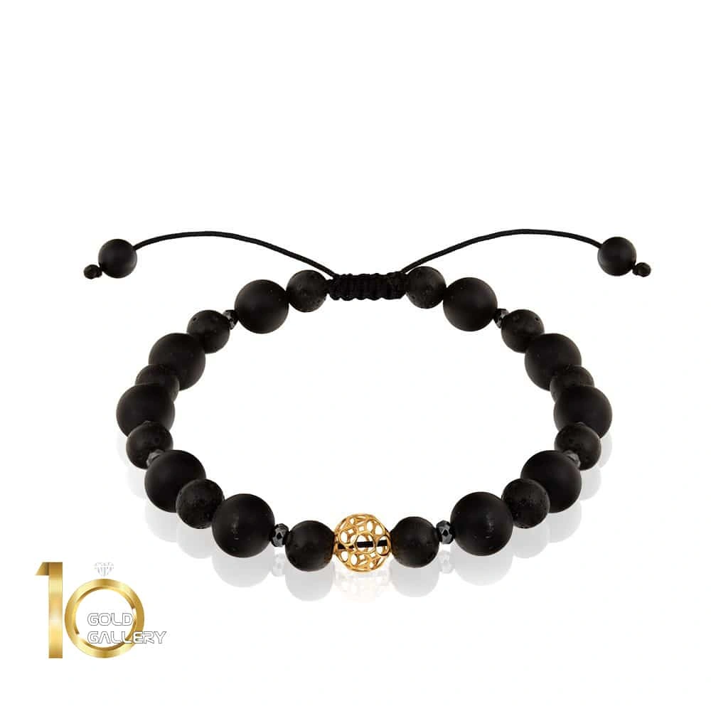 دستبند سنگ مردانه با پلاک طلا طرح گوی فیوژن کد MB128 دستبند سنگ مردانه با پلاک طلا طرح گوی فیوژن