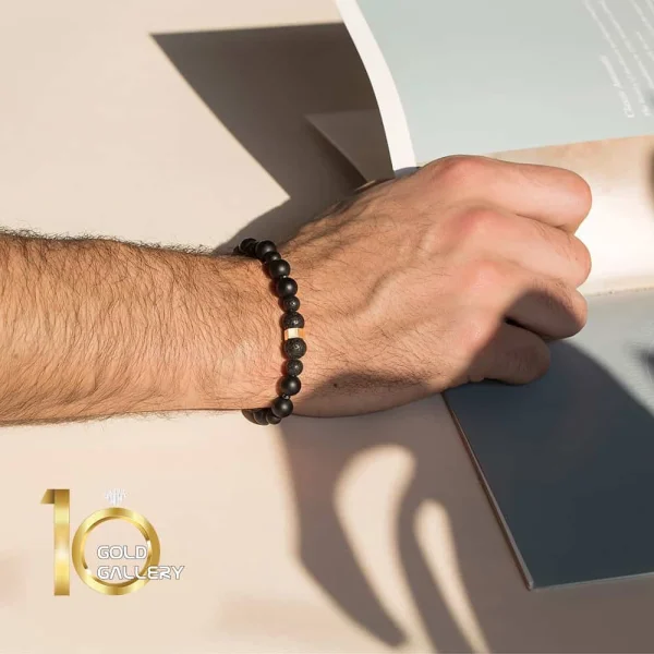 دستبند سنگ مردانه با پلاک طلا طرح مهره