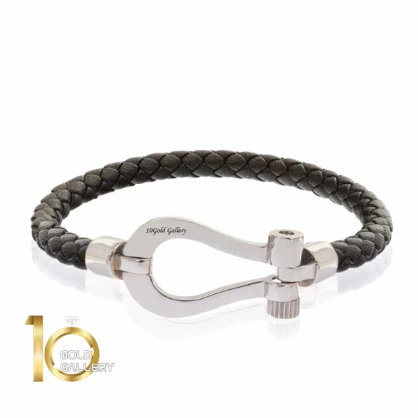 دستبند چرم مردانه با پلاک طلا طرح فرد (سایز بزرگ)