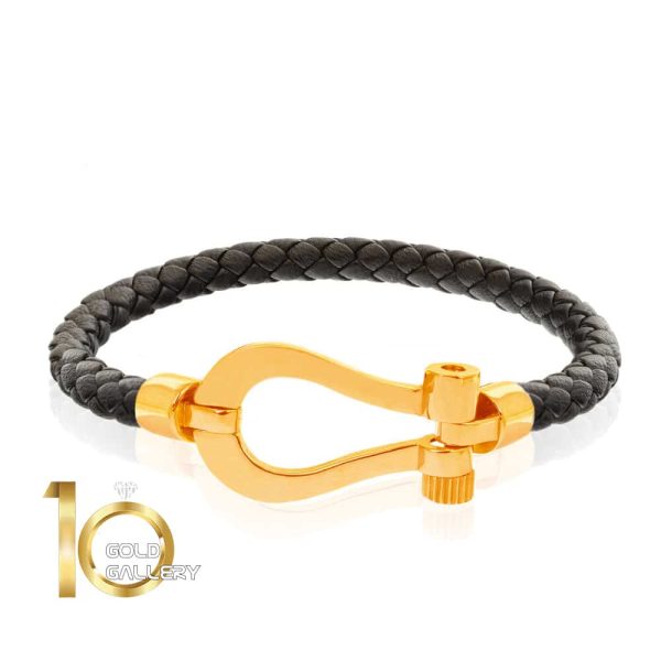: دستبند چرم مردانه با پلاک طلا طرح فرد (سایز بزرگ) کد MB129