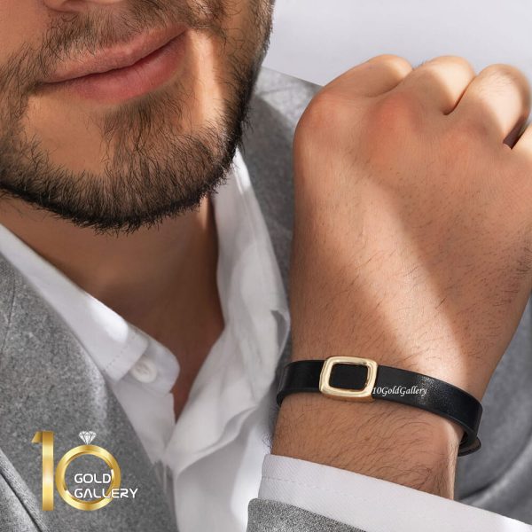 دستبند چرم مردانه با پلاک طلا کد MB170